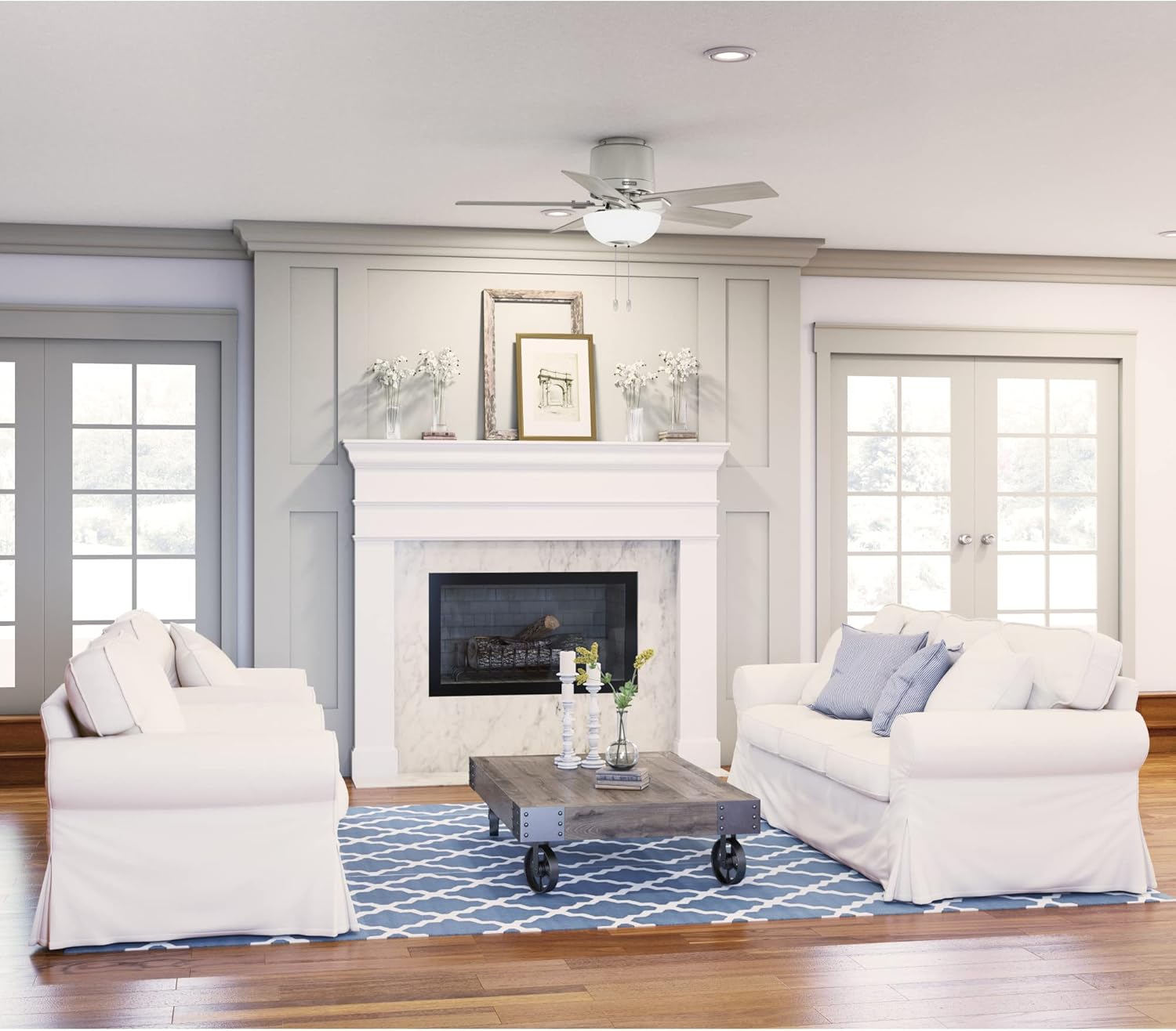 Hunter 44 inch Fitzgerald Brushed Nickel Low Profile Ceiling Fan with LED Light Kit and Pull Chain