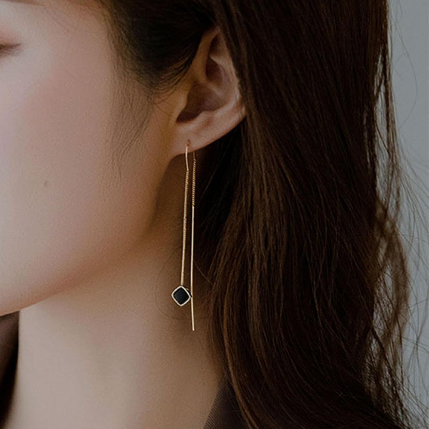 Vintage Enamel Square Chain Threader Earrings Gold Bar Tassel Drop Earring Long Bar Pull Through Earrings Minimalist Dangle Earring Jewelry for Women - Image 2