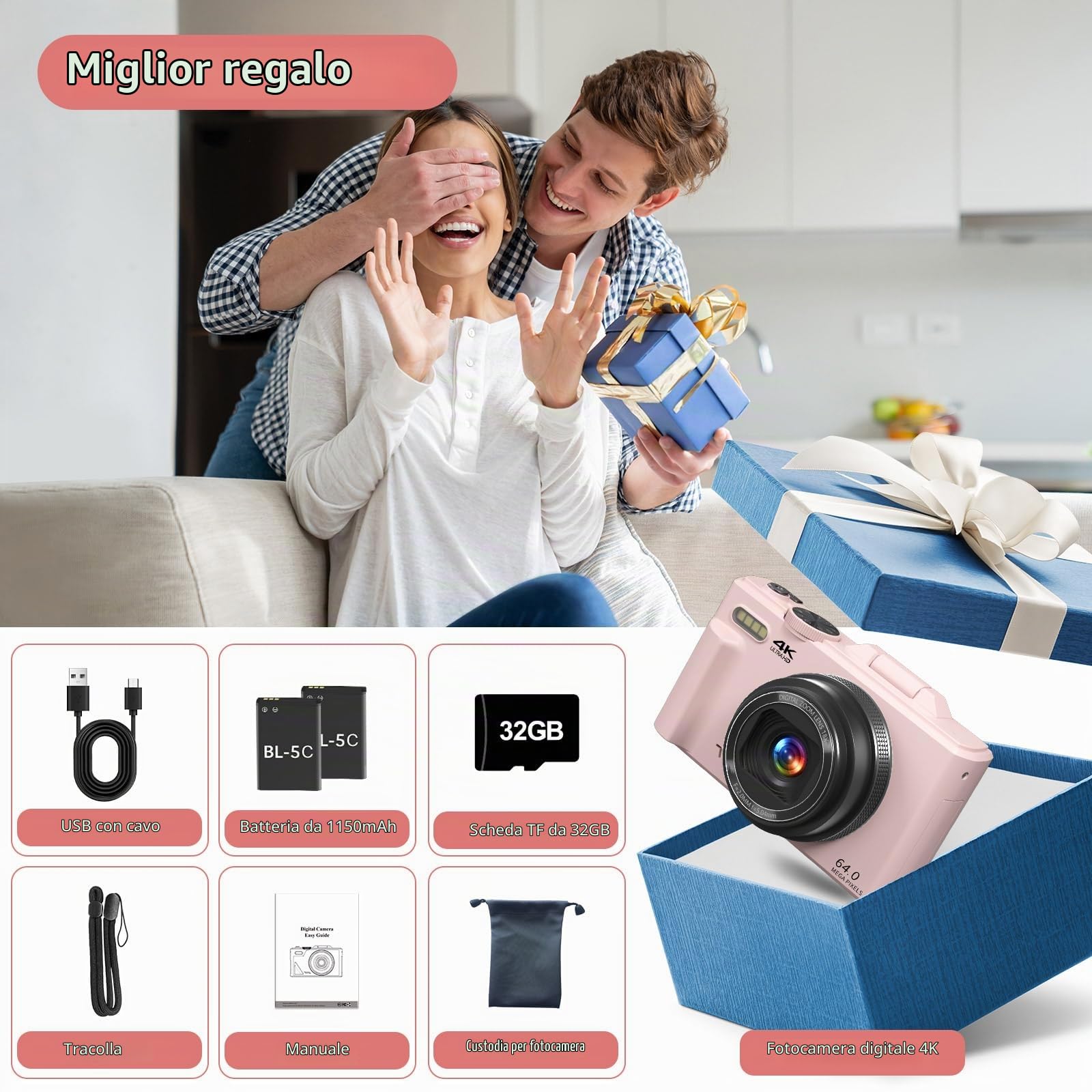Fotocamera digitale 4K con Wi-Fi, 64 MP, fotocamere compatte da 3 pollici, 180 gradi, messa a fuoco automatica, ricaricabile, vlogging, fotocamera con WiFi