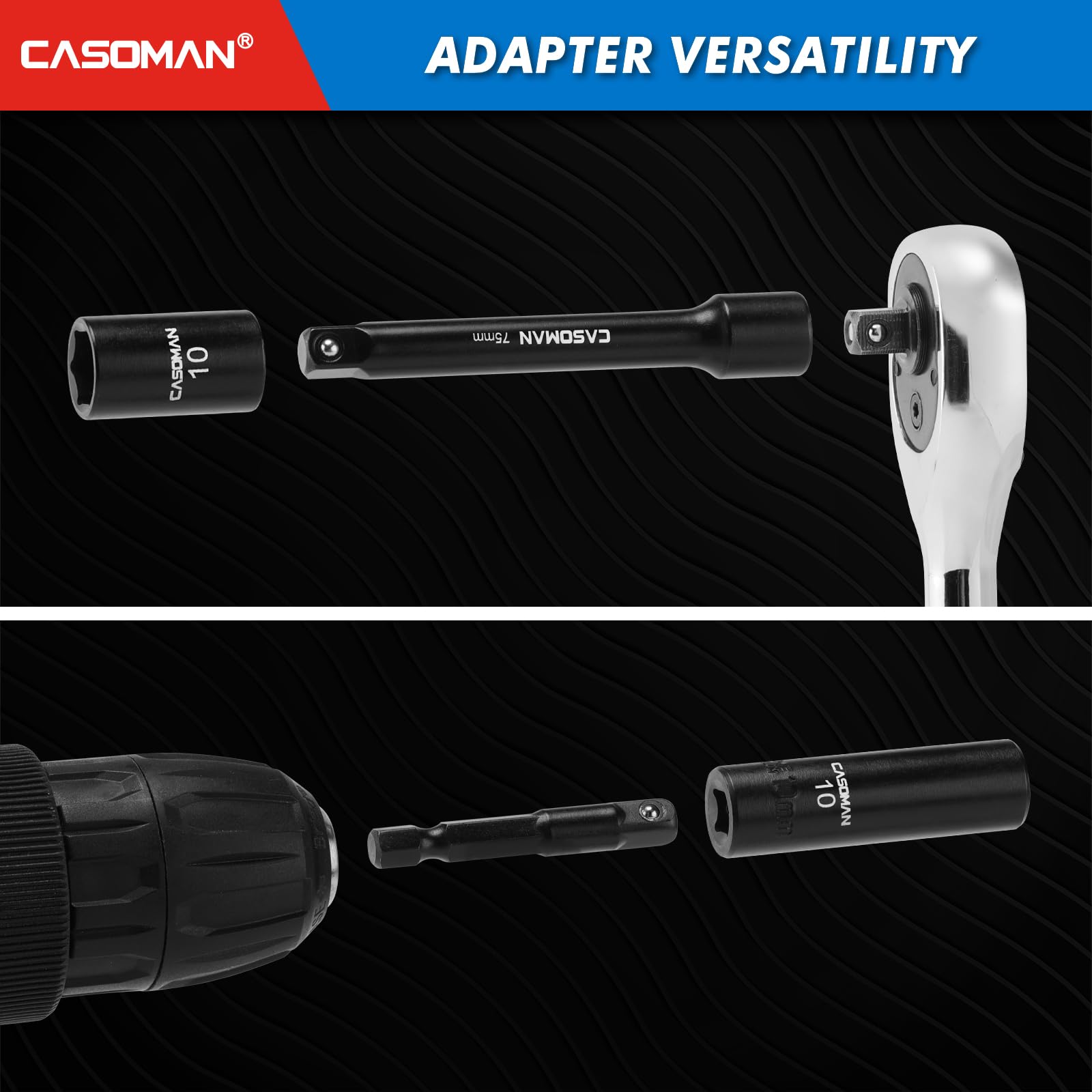 CASOMAN Set di 52 cacciaviti magnetici da 1/4" e bussole a impatto basso e profondo da 1/4", metriche, con adattatore, barra di estensione, giunto universale e punta a percussione lunga