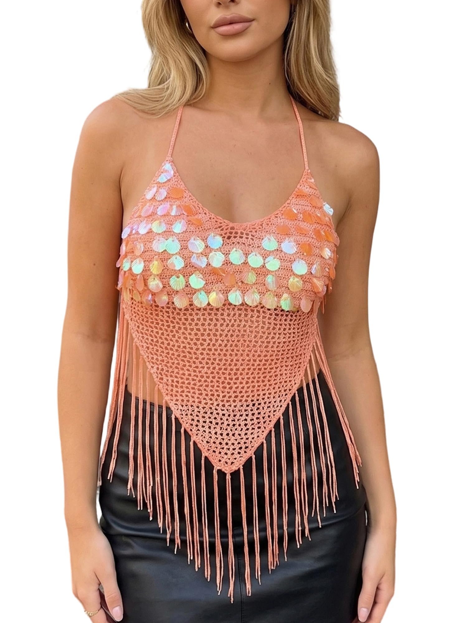 Women's Sequin Shell Fringe Halter Top Crochet Openwork Tassel Crop Tops Backless Tie Boho Vest for Beach Party Wear (A-Orange, M)