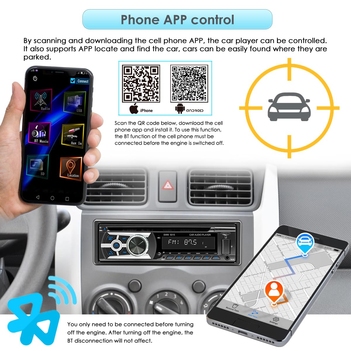 Radio de Coche con Reproductor de CD Bluetooth y Llamadas Manos Libres, Bluetooth 1 DIN USB/TF/Reproductor de MP3/entrada AUX, Radio FM/Am, RDS, RCA, función de búsqueda automática, 60 W x 4