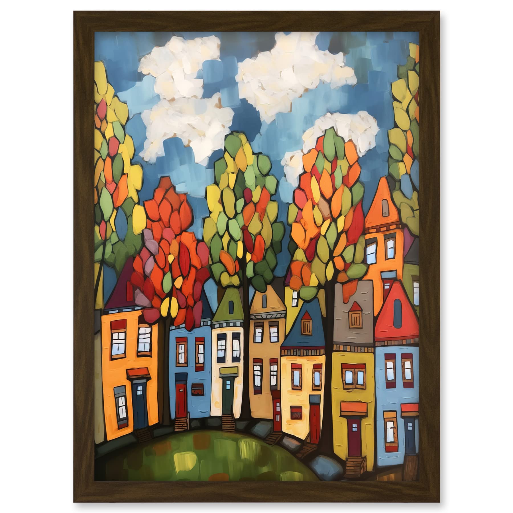 Artery8 Multicoloured Row Of Houses With Autumn Trees Contemporary Folk Art Painting Artwork Framed A3 Wall Art Print