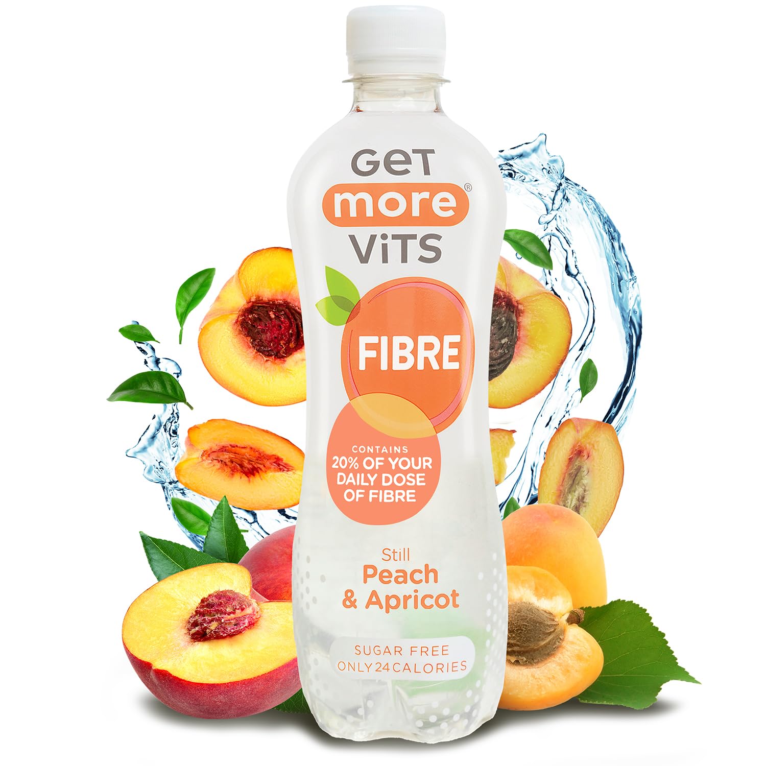 Get More Vits - Fibre Still Peach & Apricot Flavoured Spring Water (12 x 500ml), Boosts Overall Gut Health & Digestion, Feel Fuller for Longer, Sugar-Free, Low Calorie, Vegetarian, Vegan