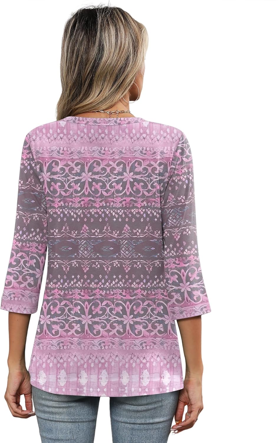 LOMON Women 3/4 Sleeve Tops Summer V Neck T Shirts Spring Boho Blouses for Women Business Casual 2025 Pink L - Image 5