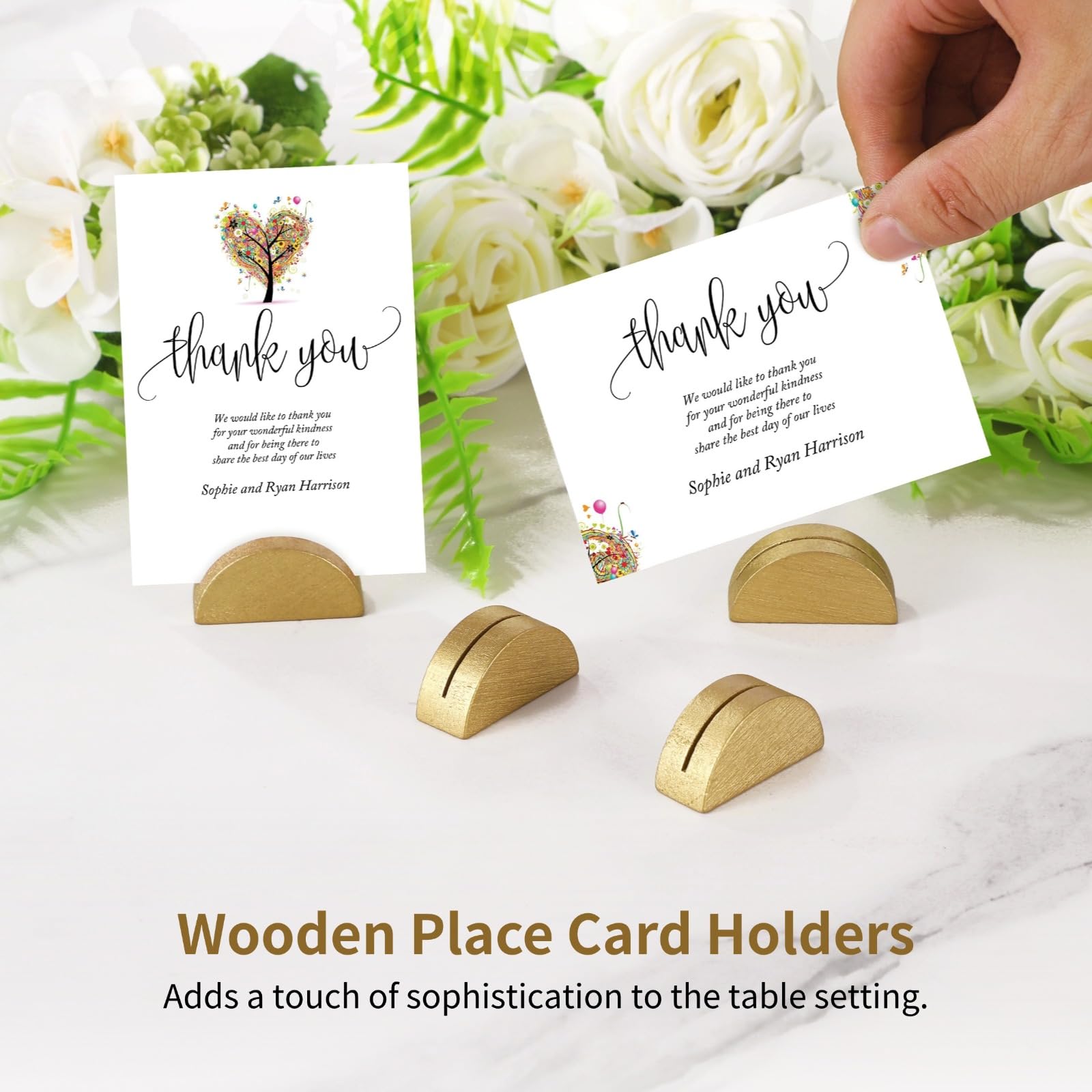 Lot de 50 supports dorés pour numéros de table, petits porte-cartes en bois, design élégant demi-rond pour cartes nominatives, étiquettes, photos, panneaux pour mariages, banquets