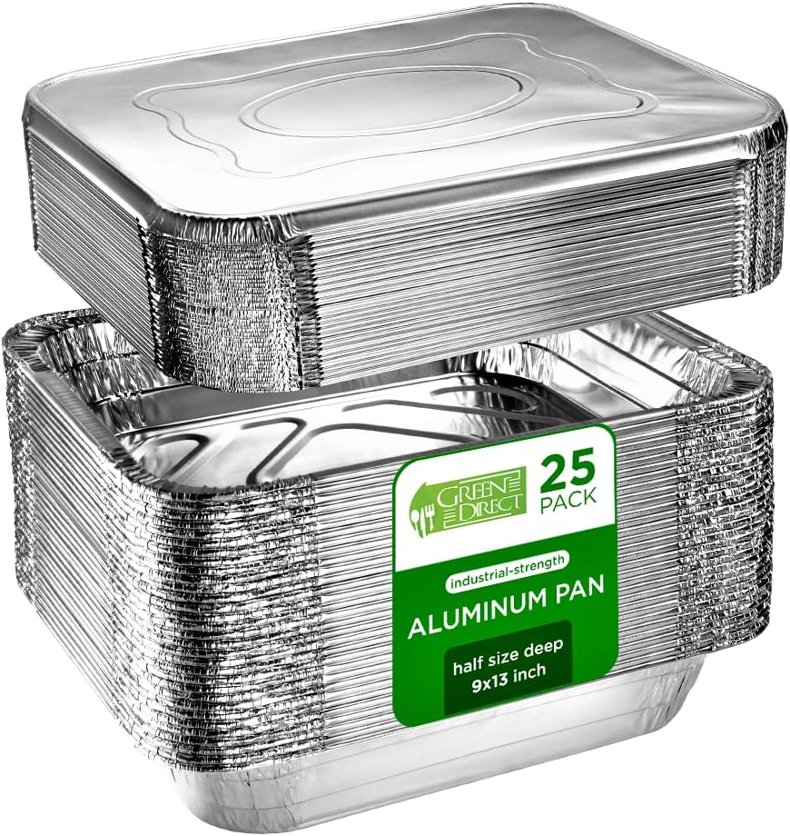 Green Direct Disposable Aluminum Steam Table Foil Pans With Lids For Cooking, Baking, 25 Pack