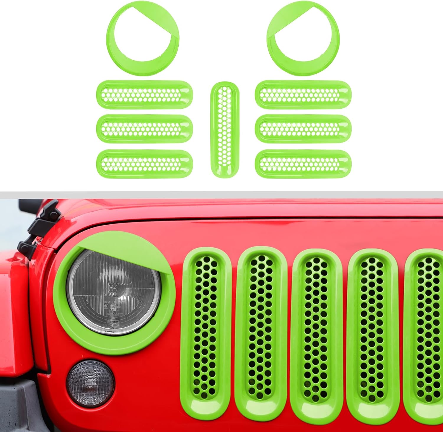 JWWY Front Grille Insert Radiator Grille Grillwork Surround Assembly Inserts Headlight Headlamp Cover Trim Set Fit for 2007-2017 Jeep Wrangler JK JKU Exterior Accessories 9pcs Green