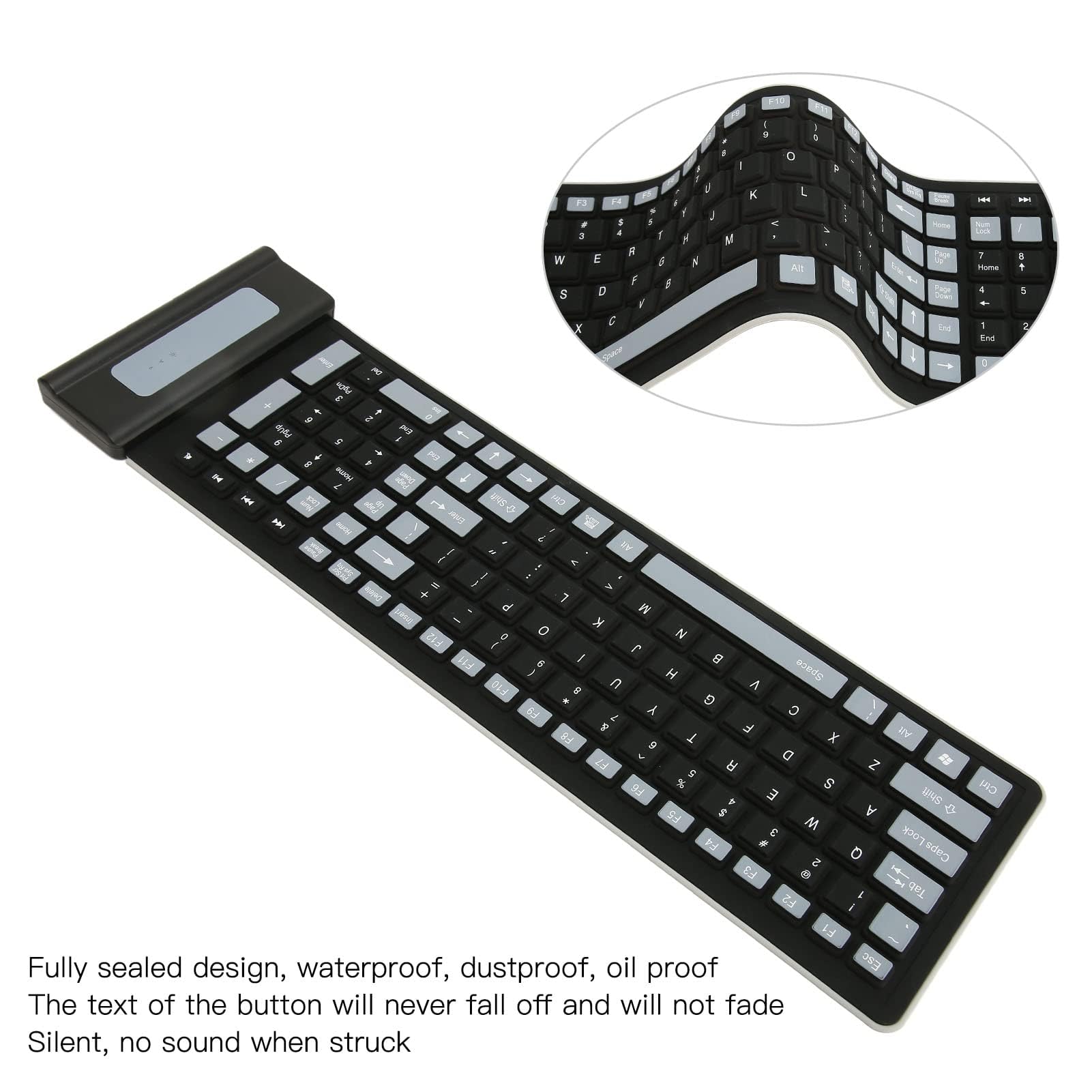 Dpofirs Tastiera Flessibile Pieghevole e Arrotolabile, Tastiera Wireless in Silicone 2.4G Tastiera Portatile per Laptop, PC, Notebook e Viaggi, 103 Tasti Impermeabile Antipolvere (Nero)