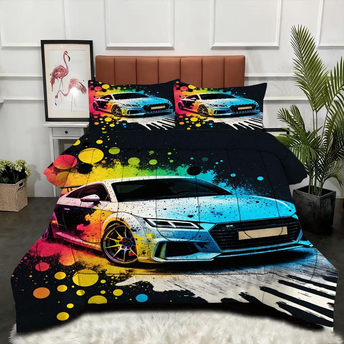 Couette 240 x 260 cm voiture de sport avec 2 taies d'oreiller microfibre