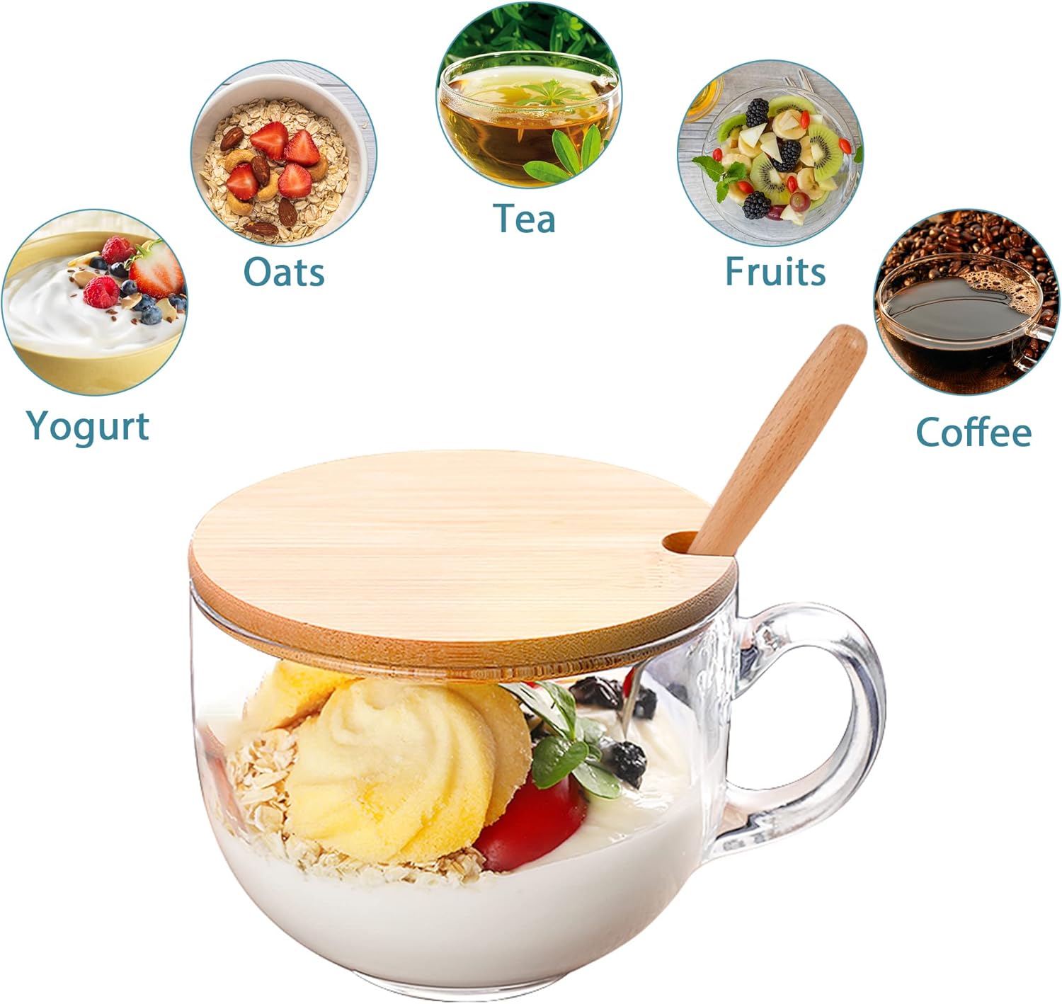 15 Ounce Mug, Mug with Lid and Spoon, Cute Glass Cup for Coffee, Milk, Water