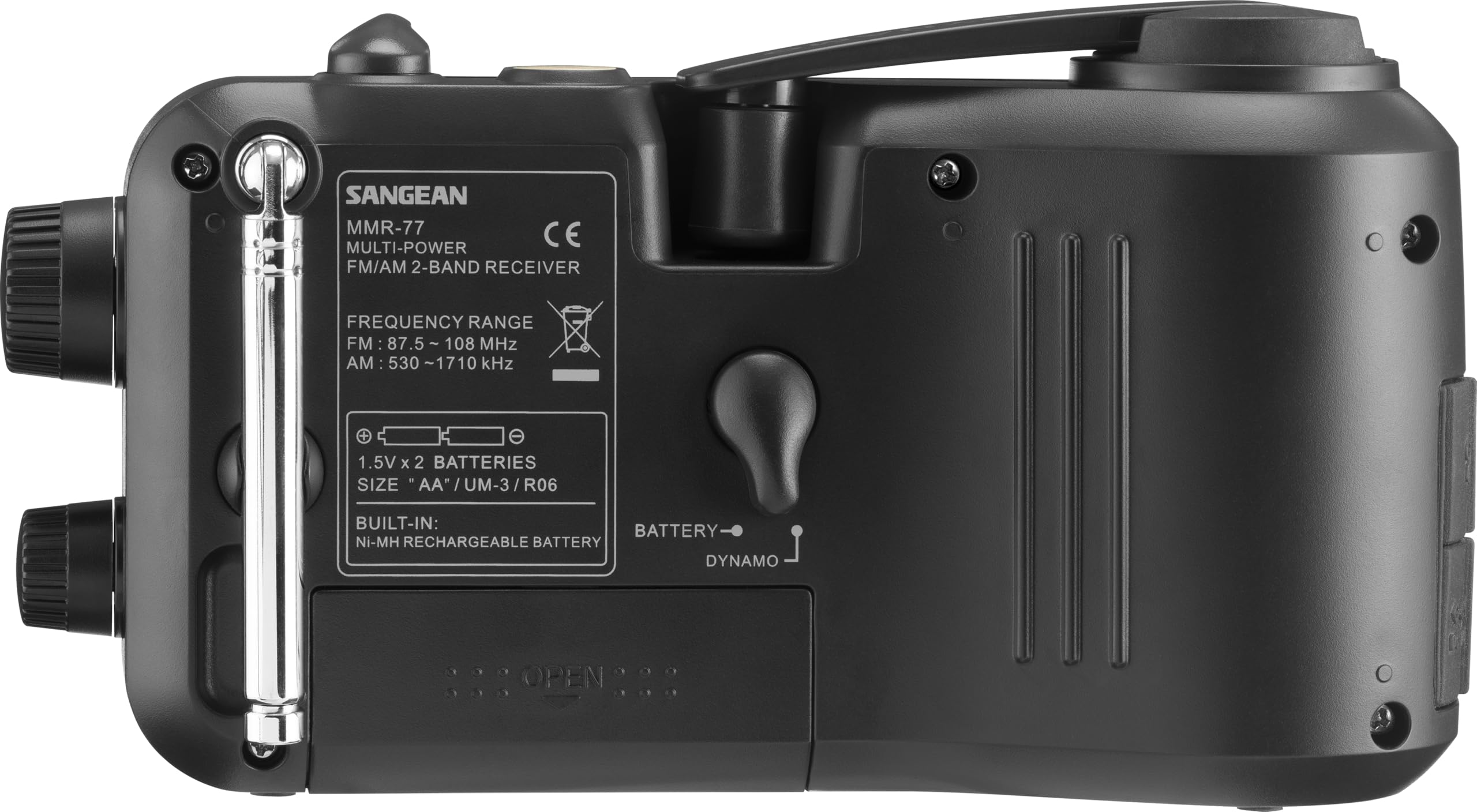 Sangean MMR-77. Radio Am/FM de Emergencia con Varias Opciones de alimentación. Alimentación por dínamo/batería/Adaptador de CA. Dial de sintonización retroiluminado. Indicador LED de Carga