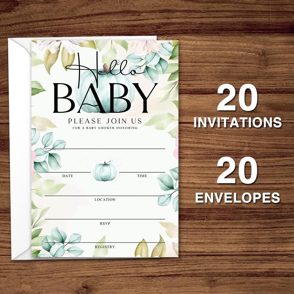 Fall Little Pumpkin Baby Shower Hello Baby Invitations Sweet Pumpkin, Fall Leaves, Autumn Theme, Pack of 20 Fill-in Invitation Cards & 20 Envelopes, 4''X6'', Gender Reveal Neutral - JY055