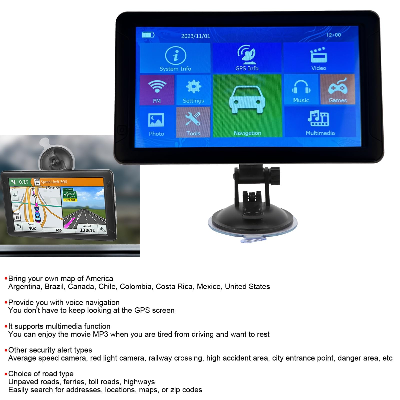 Navegación GPS para automóvil de 9 Pulgadas Pantalla táctil de orientación por Voz de Puntos de interés Grandes 800 × 480 Portátil para Conductores de Camiones Navegador GPS