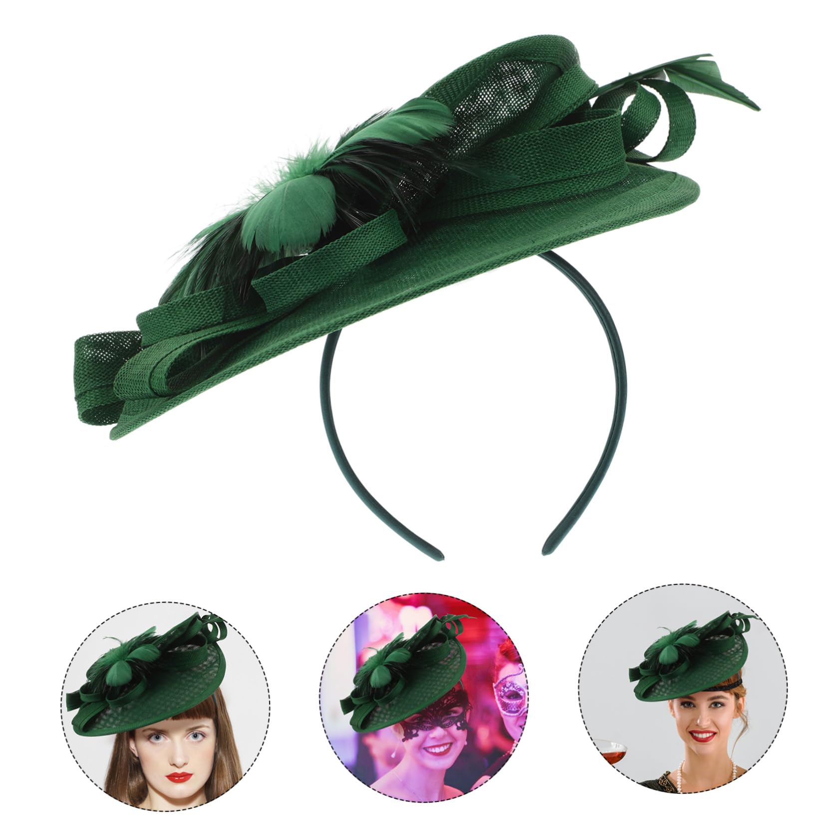Fascinator Headband Verde, in Lino Artificiale, Poliestere e Piume | Clip per Chioma Inclusa, Stile Elegante e Moda, Leggero e Confortevole per Party e Feste di Compleanno
