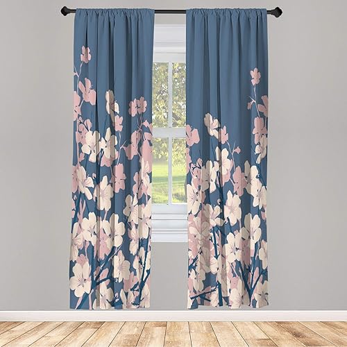 Lunarable Cortinas para ventana del este, flores de cerezo japonés, ramas de Sakura, ilustración de jardín de flores de primavera, juego de 2