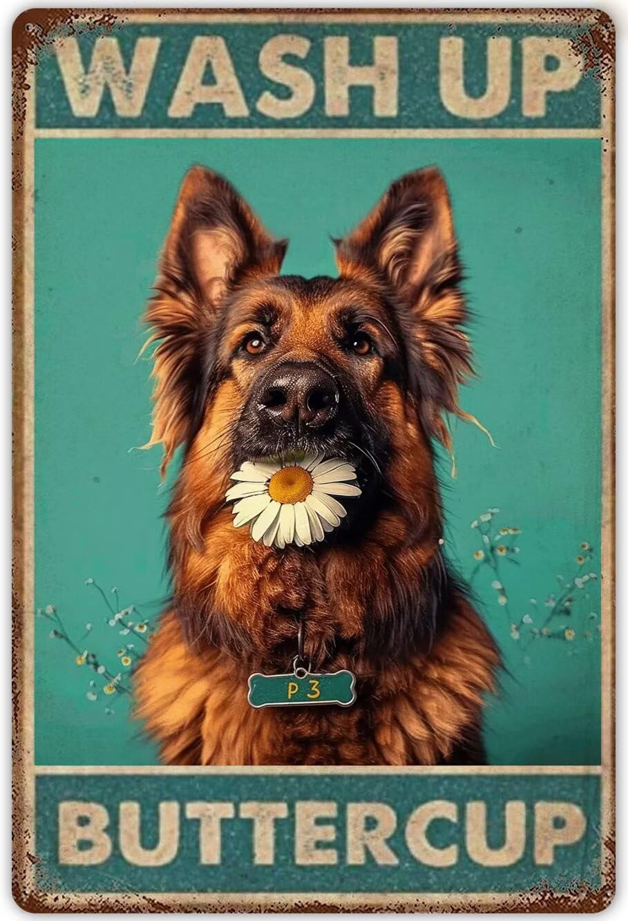 Anceky Funny Bathroom Decor Metal Tin Sign Wash Up Buttercupan Shepherd Dog Poster Vintage Metal Plaque Retro Wall Decor For Bathroom Restaurant Farm Bedroom Cafe 8x12 Inch