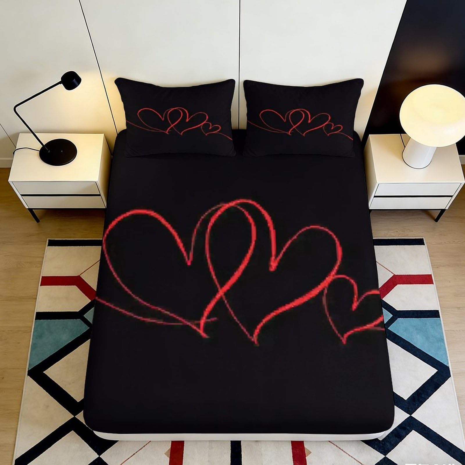 3D Printed Red Heart Fitted Sheet Microfiber Soft Bedroom Decor Black Mattress Cover for Adult Youth Room 90x200x25cm