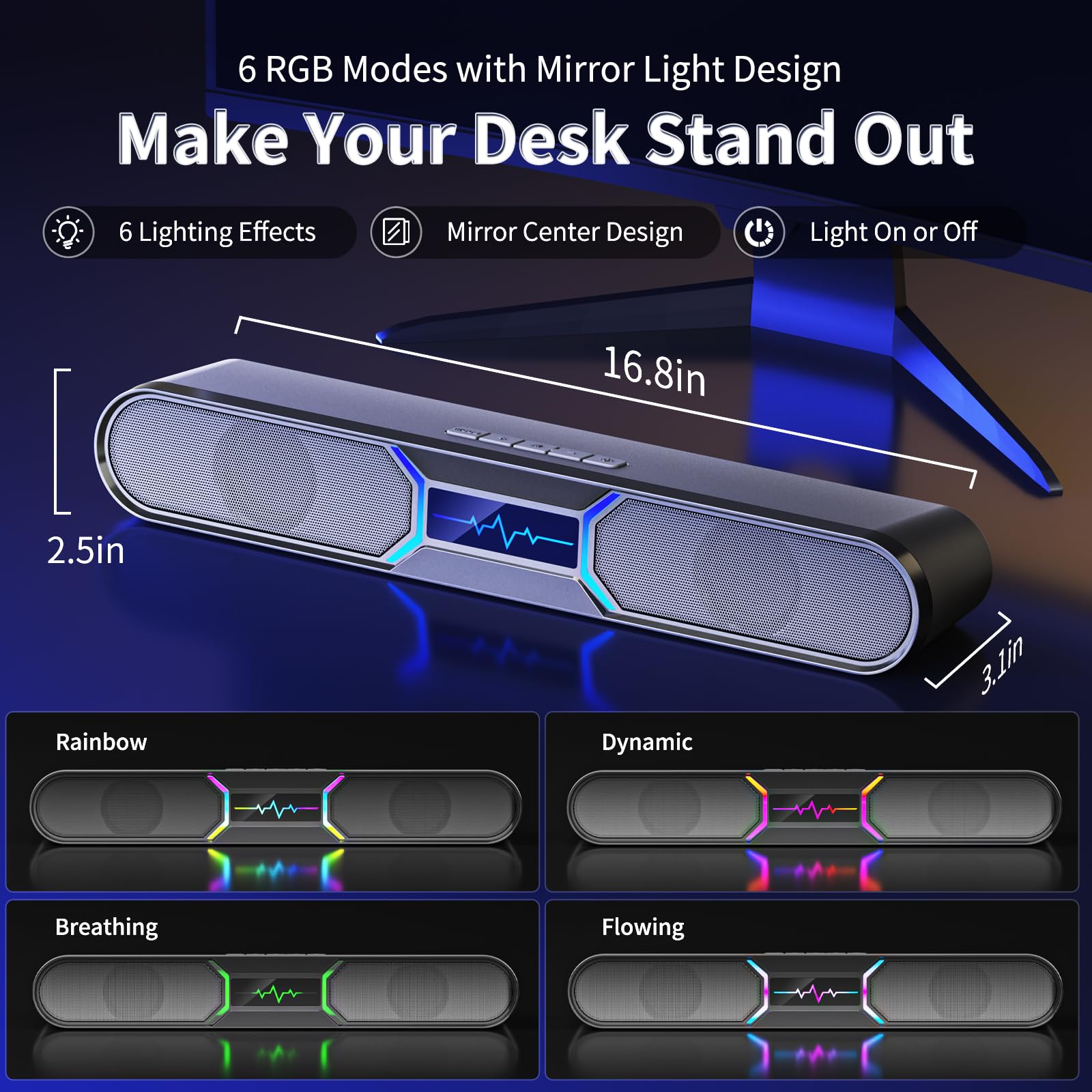 Altoparlanti per computer per PC desktop, soundbar Bluetooth per PC con doppio bass reflex per monitor, altoparlanti da gioco RGB alimentati tramite USB con ingresso cablato, suono stereo per laptop