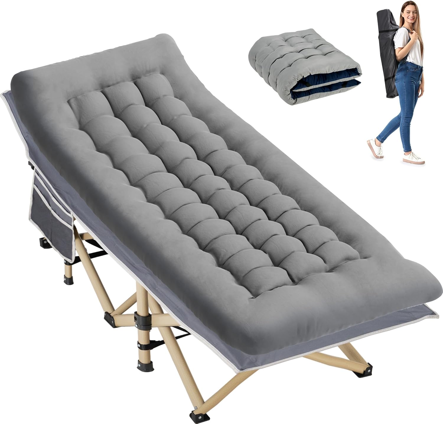 Folding Camping Cot for Sleeping, Portable Cots for Adults, Heavy Duty Cot Bed 550LBS(Max Load), Extra Wider Cots with Large Pocket for Outdoor, Office, Beach