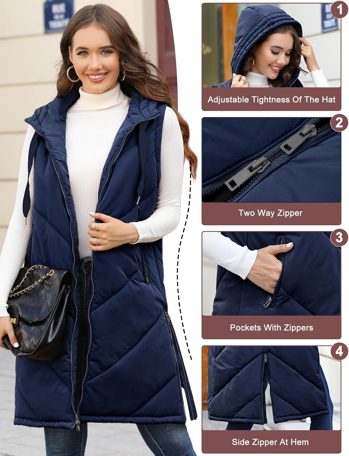 HEEKPEK Womens Puffer Vest Sleeveless Hooded Long Puffy Vests Zip Up Quilted Thick Winter Jackets Outerwear with Pockets - Image 3
