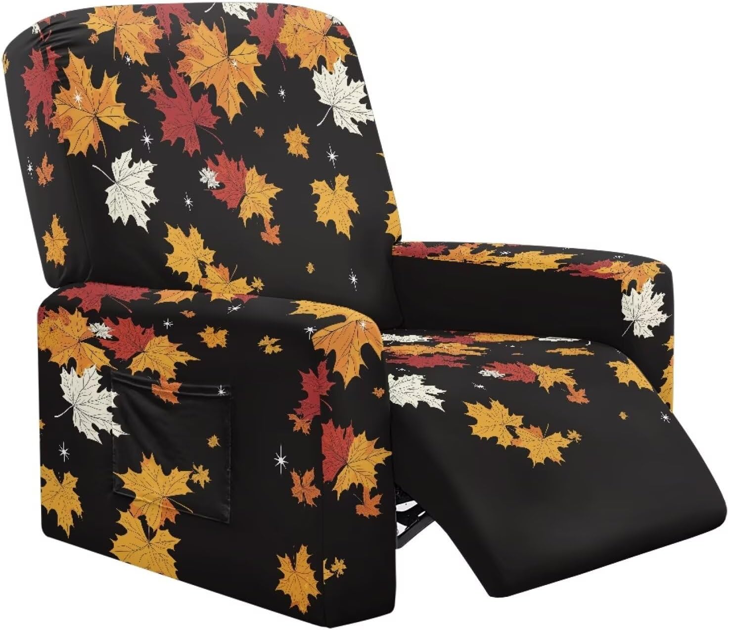 FOR U DESIGNS Maple Leaves Stretch Recliner Covers 4-Piece Set Elastic Sofa Slipcover Fit Small Recliners with Storage Pocket Machine Washable Furniture Home Decor