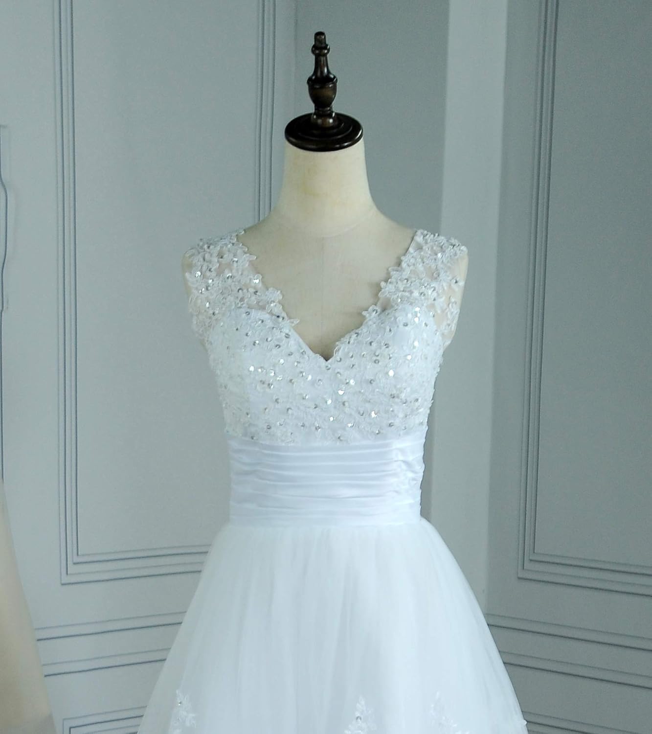 Short Lace Wedding Dresses (104x86) Knee Length Travel Tulle Rhinestones V-Neck Lace Up Bride Gowns Vintage Dress