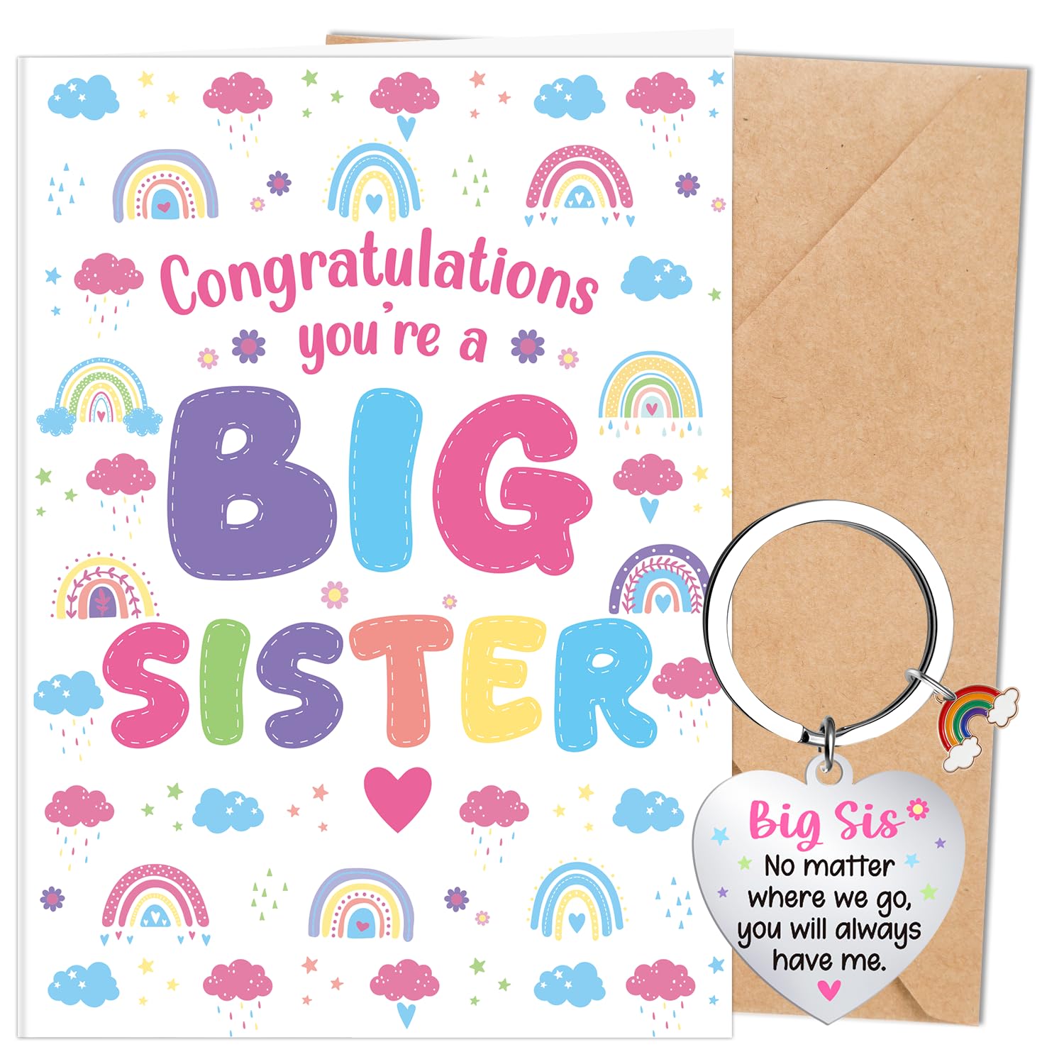 Luvart New Big Sister Card Gift - New Big Sister Greeting Card with Keychain New Baby Arrival Gifts from Sibling Congratulations Baby Shower Pregnancy Gift โ image 1