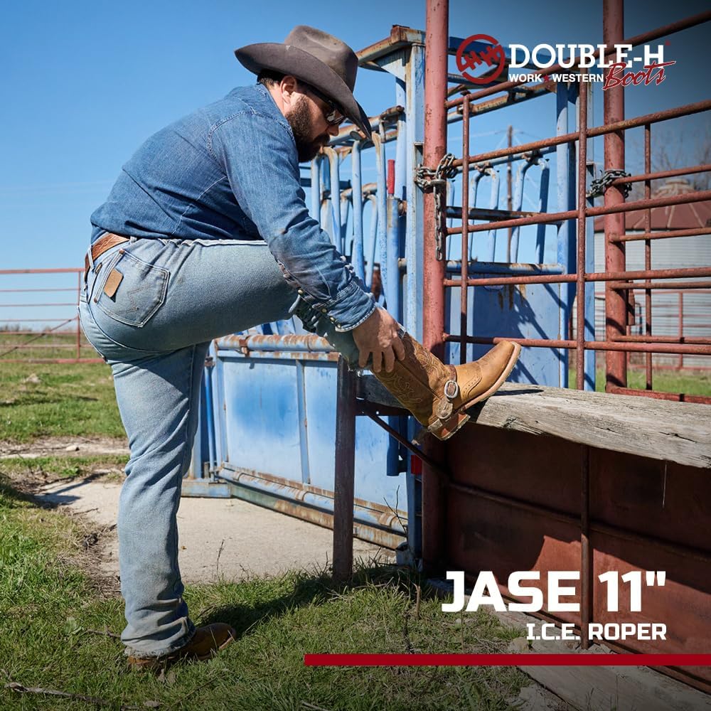 DOUBLE-H 11" Jase Square Toe Western Boots for Men - Texon Insole | Cork Inlay, Oil- and Slip-Resistant I.c.e. Outsole, EH-Rated, Shock-Absorbing Midnight Insert