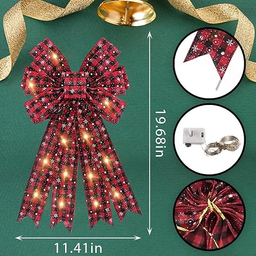 Miniatura 2 de Hying Lazos LED grandes de Navidad para corona, lazo de corona LED de Navidad, lazos de búfalo rojo y negro a cuadros con luces LED, lazos para