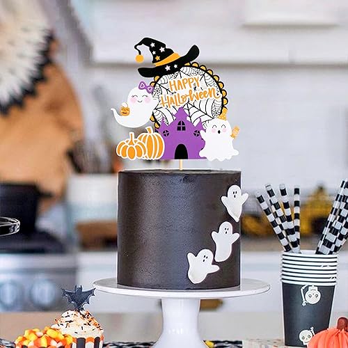 Miniatura 3 de Ercadio 1 paquete de adornos para tartas de Halloween con fantasma, calabaza, sombrero de bruja para tartas, suministros de decoración de pasteles