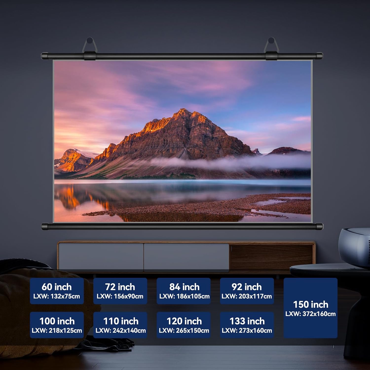 100-inch portable projector screen, xiaohui 16:9 aspect ratio, non-perforated anti-light, easy install,100% polyester professional projector screen pull down