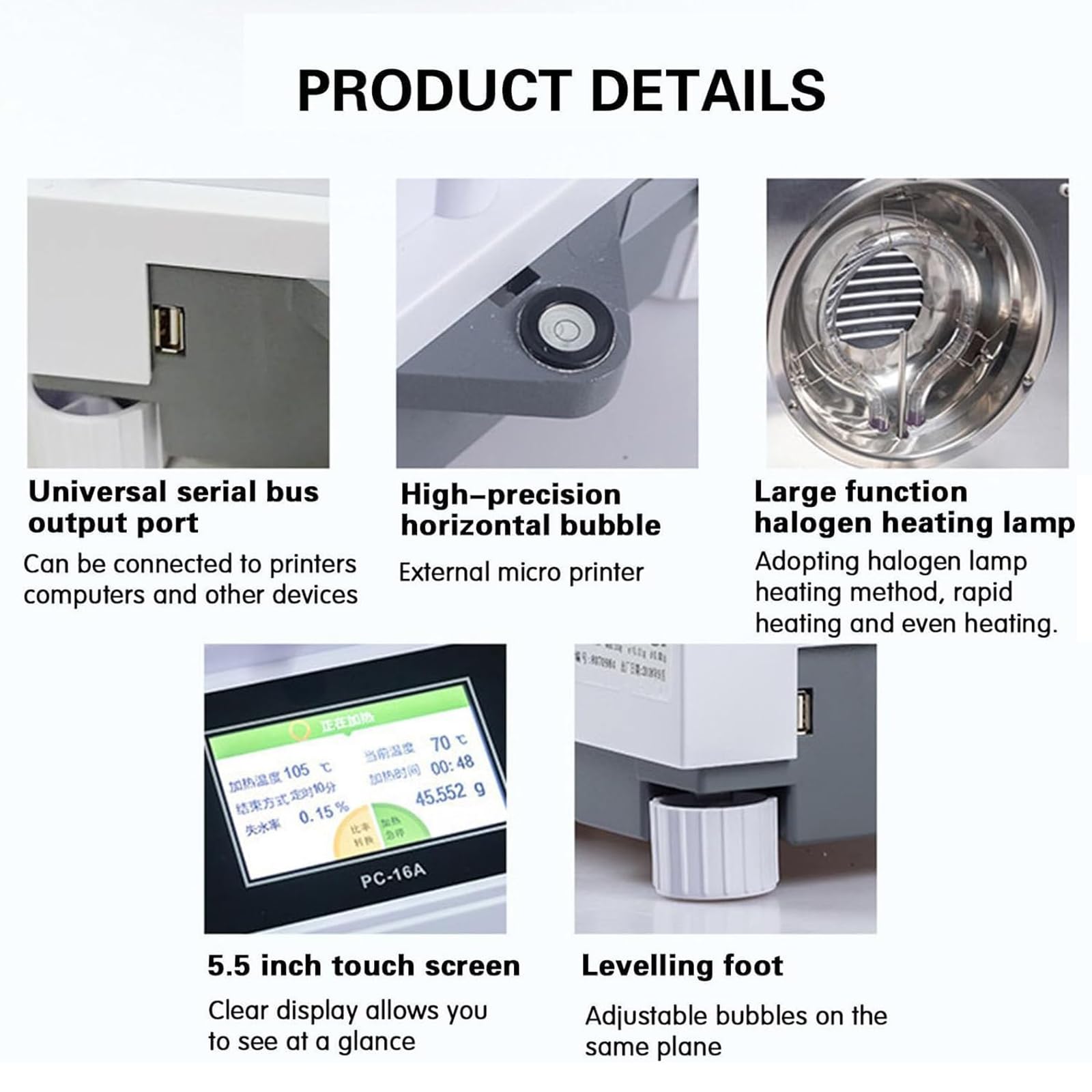 Feuchtigkeitsanalysator, digitaler Touchscreen, Getreidefeuchtigkeitstester, schnelle Temperaturregelung 60–160 ℃ für Pulver, Kräuter, Tee und Getreide, genaue Messung von 100 g/1 mg