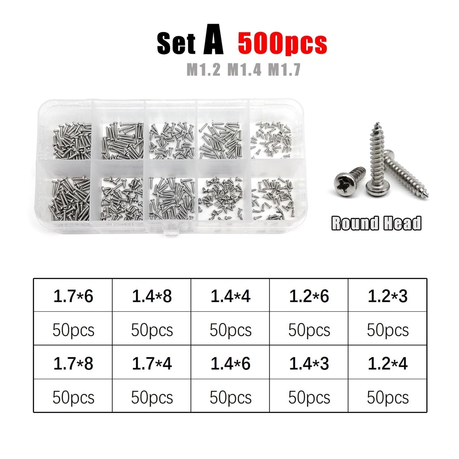 Kit D'assortiment De Vis À Bois Autotaraudeuses M1.2 M1.4 M1.7 M2 M3 M4, Tête Cylindrique Phillips En Acier Inoxydable 304 A2 Avec Boîte De Rangement(Set A 500pcs)