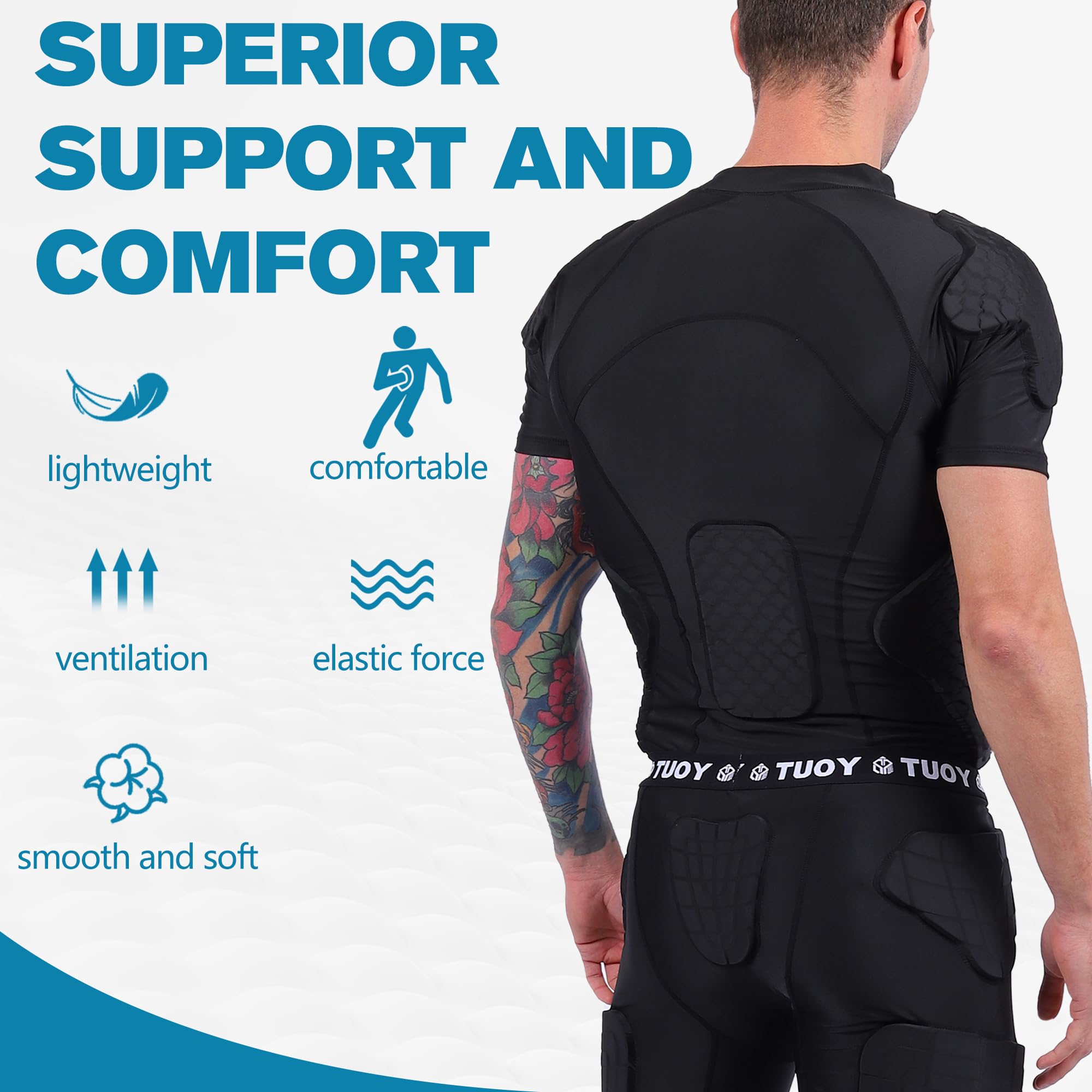 Camiseta de compresión acolchada para hombre, hombreras y protector de costillas, protector de pecho para adultos/jóvenes, béisbol, sóftbol, rugby, baloncesto, equipo de protección negro