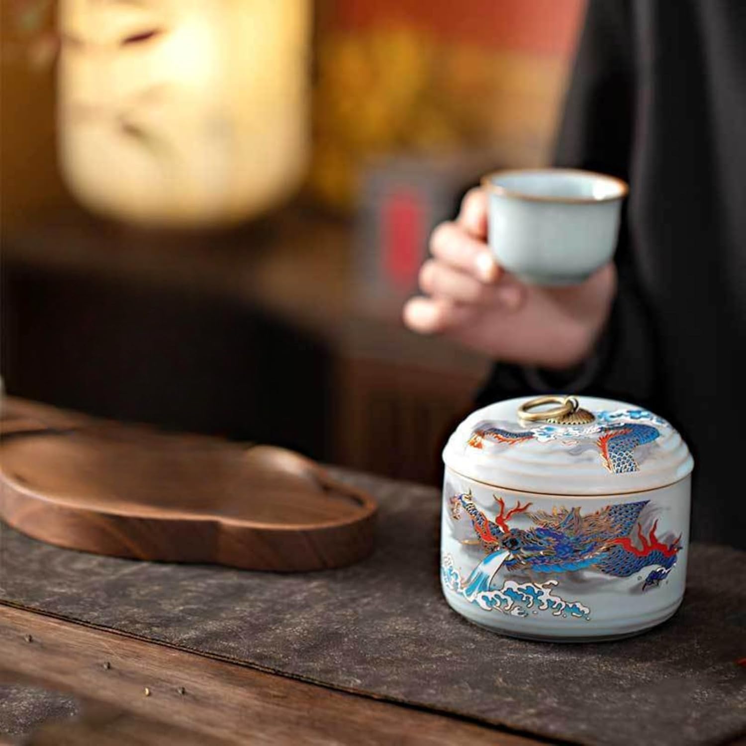 Ru Kiln Ceramics Tea Canister, 360ml 12.2oz, Portable Sealed Jar Household Sealed Storage Tank