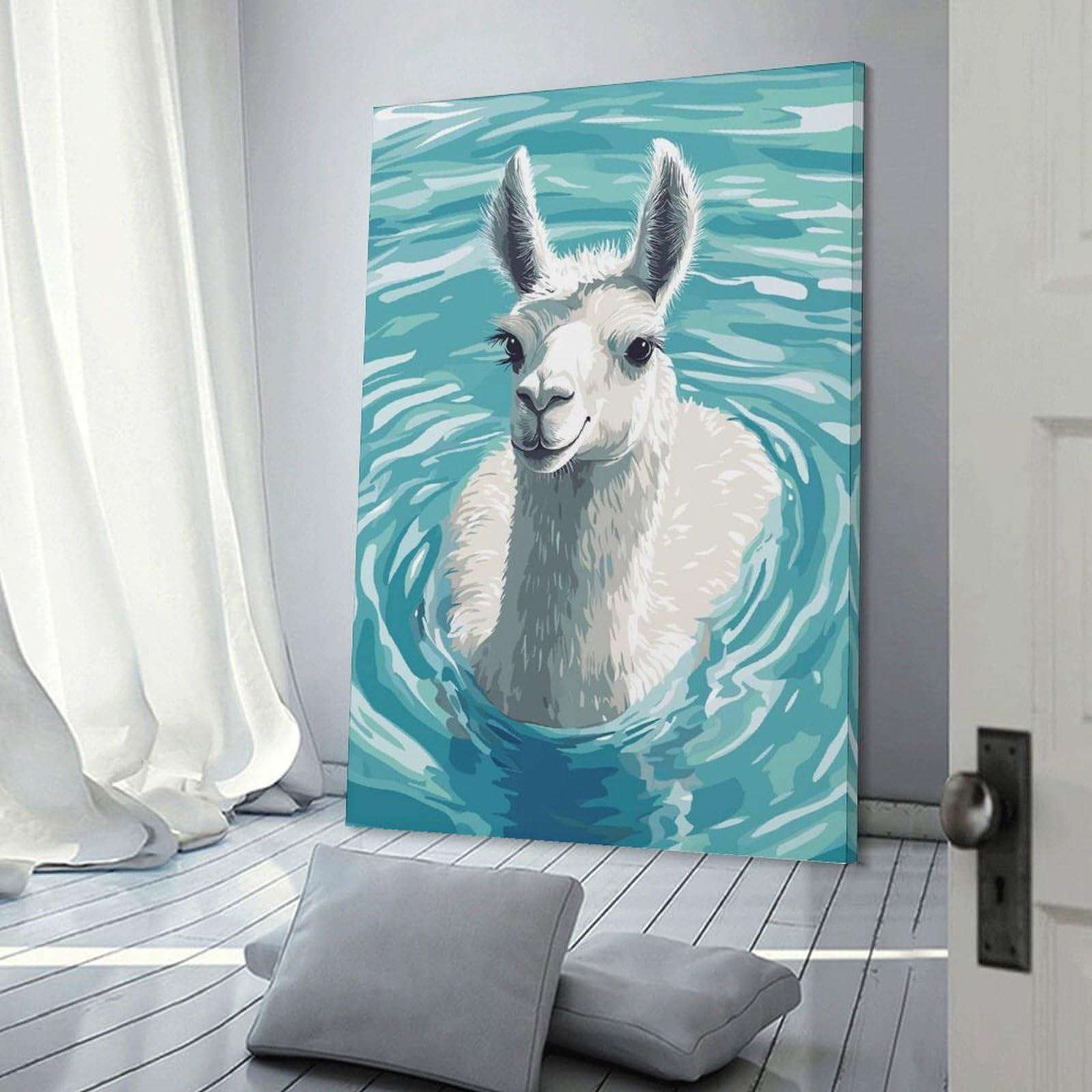 Junmoney Llama Swimming in Blue Water Room Decor Wall Art, 20x30inch(50x75cm), for Hallway, Lounge Or Guest Room, Gift Idea for Housewarming And Birthdays