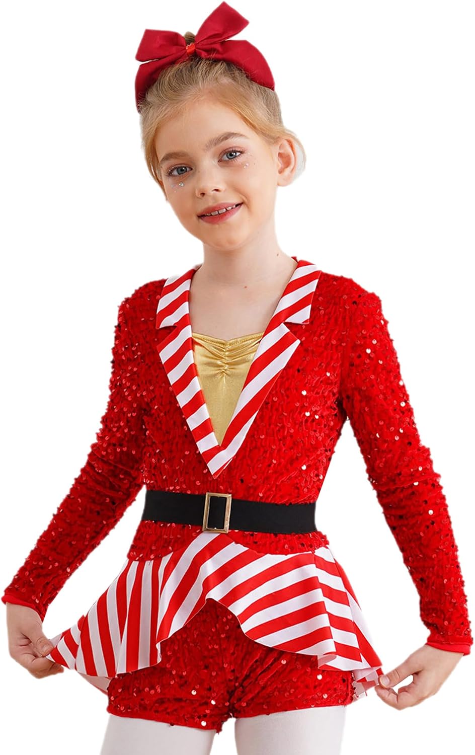 YiZYiF Kids Girls Christmas Dance Costume Long Sleeve Sequined Ballet Gymnastics Leotard Santa Elf Costume