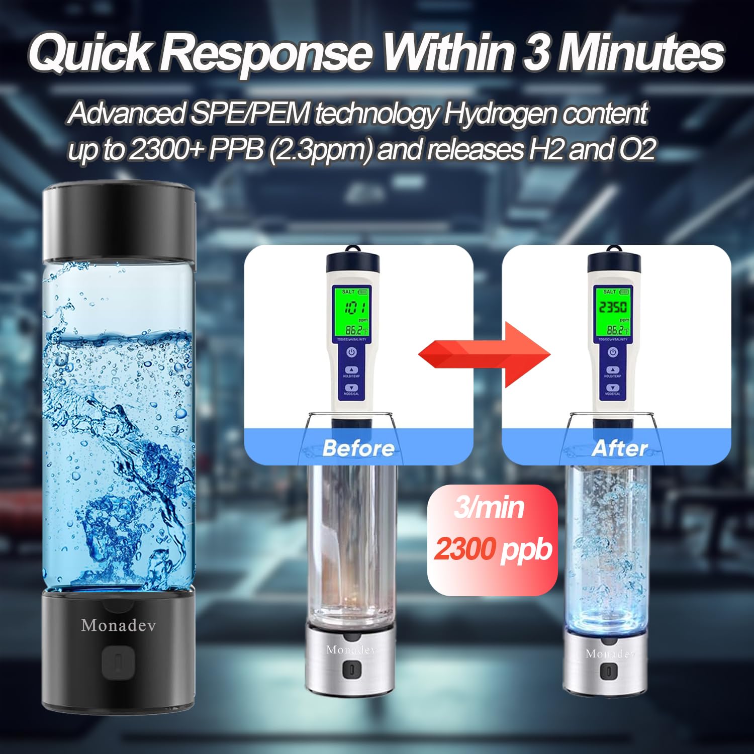 Hydrogen Water Bottle Generator,2025 New Hydrogen Water Bottle with Advanced SPE/PEM Tech-3 Min Up to 2300+ PPB,Portable & Rechargeable Hydrogen Water Ionizer Machine for Fitness and Trave (Black)