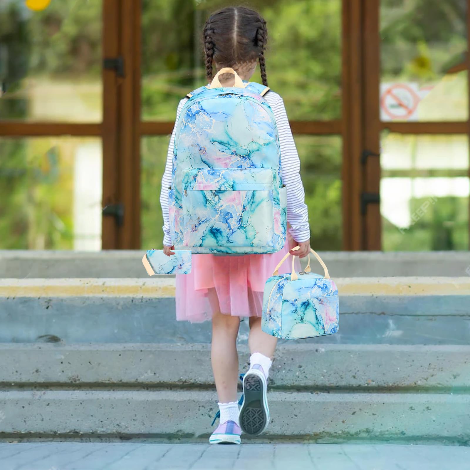 LEDAOU School Backpack for Girls Boys, Kids Backpack with Lunch Box, Bookbag Set Primary School Daypack Elementary for Age 8-12 (Marble Purple)