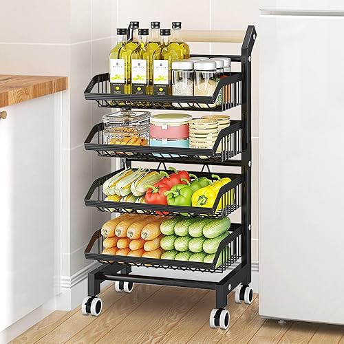 Carrito de aperitivos de cocina de 4 niveles con ruedas - Carrito de almacenamiento versátil con ruedas para despensa, cuartos de servicio - Estante