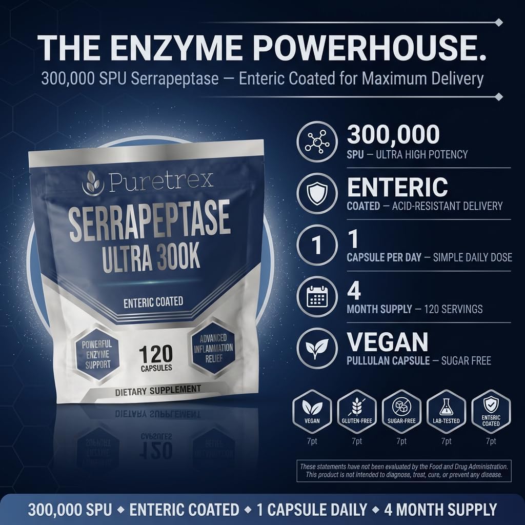 Serrapeptase Ultra 300K SPU – Enteric Coated Proteolytic Enzyme Supplement, 120 Veggie Capsules (4 Month Supply) – Supports Sinus, Respiratory & Joint Health – Vegan, Non-GMO, Gluten Free