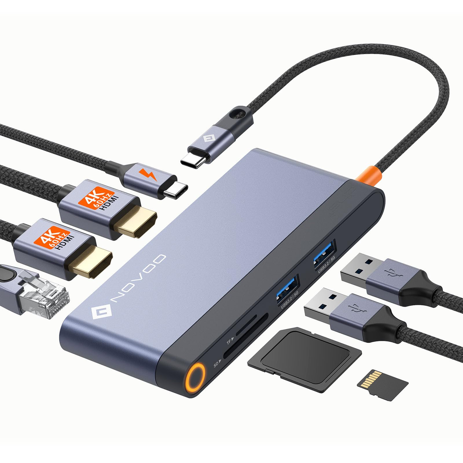 Novoo USB C Docking Station Dual HDMI Adapter, 8 in 1 Multi Display 4K with 2 HDMI,100W PD, 2 USB, TF Card USB-C 3.0 Hub Multiport Dongle Compatible with MacBook/Dell/HP/Lenovo Surface Laptops