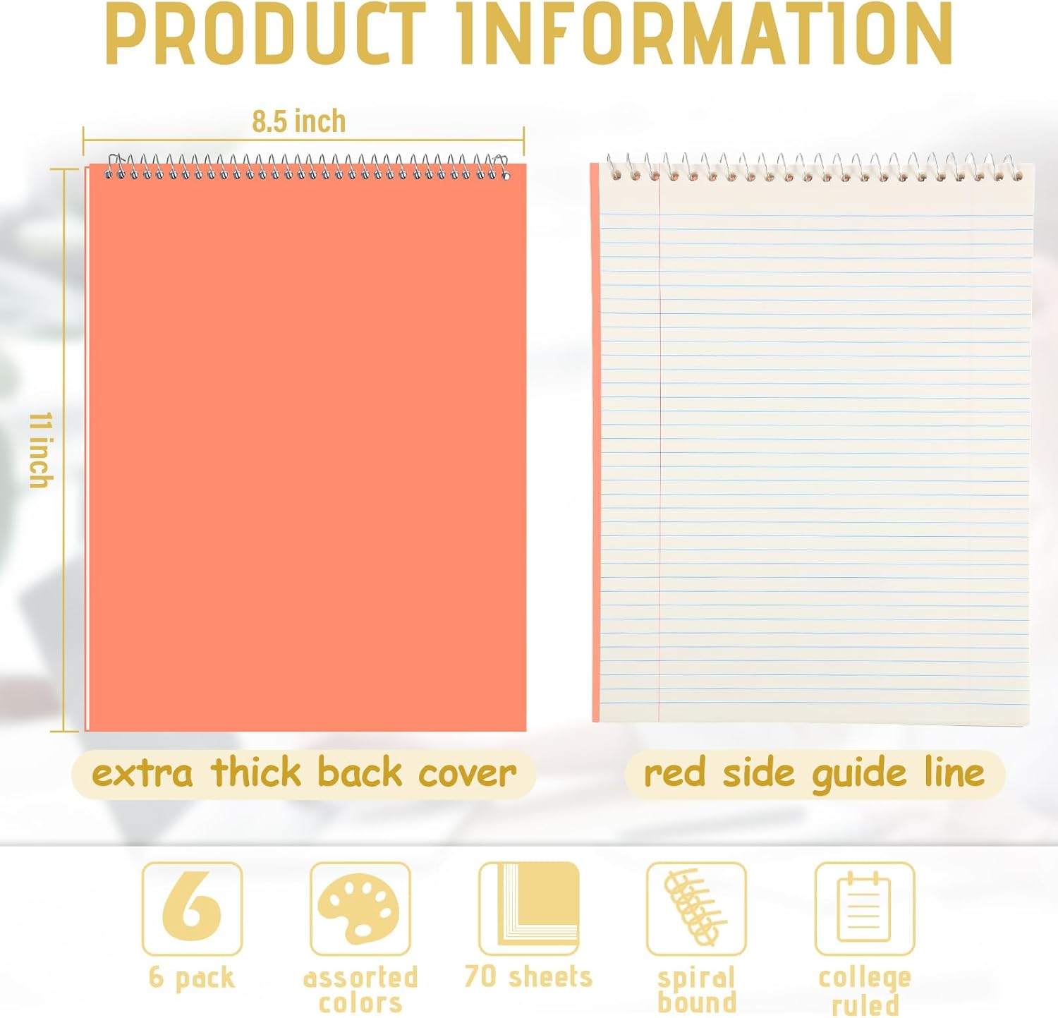 Maitys 6 Pcs Legal Pad Steno Spiral Notebook 8.5" x 11" Top Bound Spiral Pads Hard Cover College Ruled Notepad 70 Sheet Pad for School Office University Home(Lovely Color,Elegant Style)