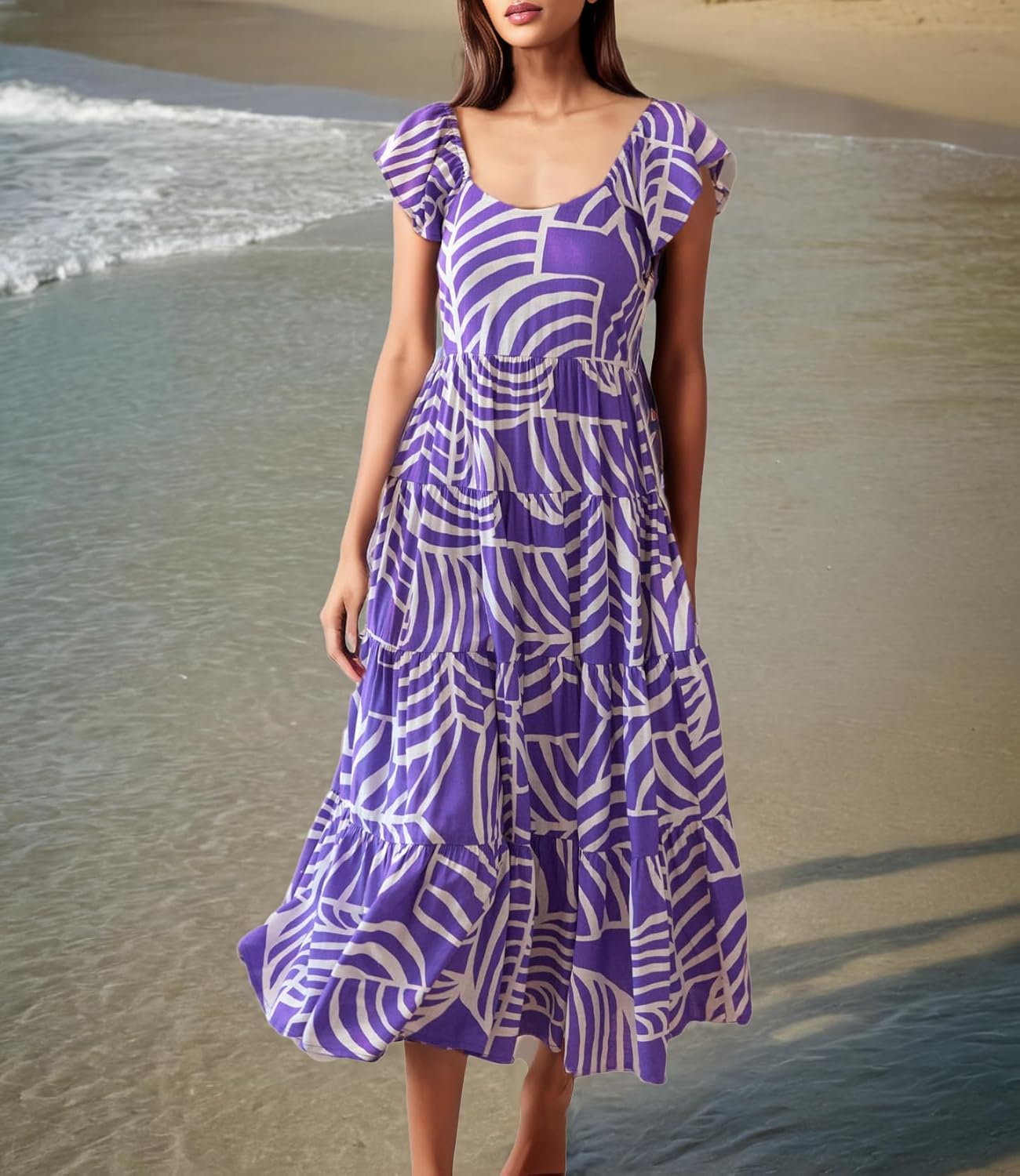 GOLDSTITCH Women's Summer Floral Maxi Dress Casual Short Sleeve V Neck Smocked Beach Sundress - Image 2