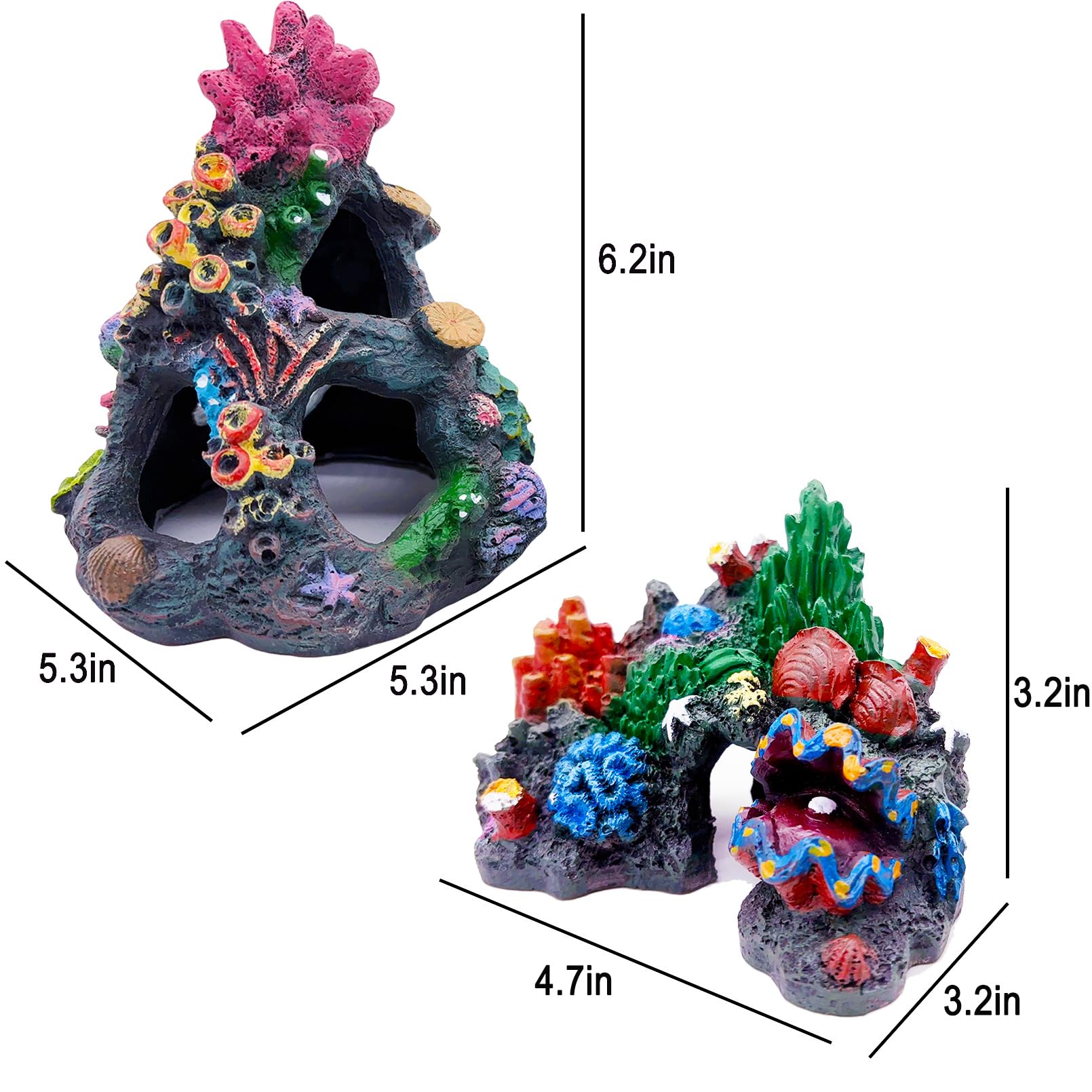 Tfwadmx Decoración de coral para acuario, pecera de resina, escondite de cueva de montaña, escondite de peces betta, decoración de arrecife de roca, paquete de 2