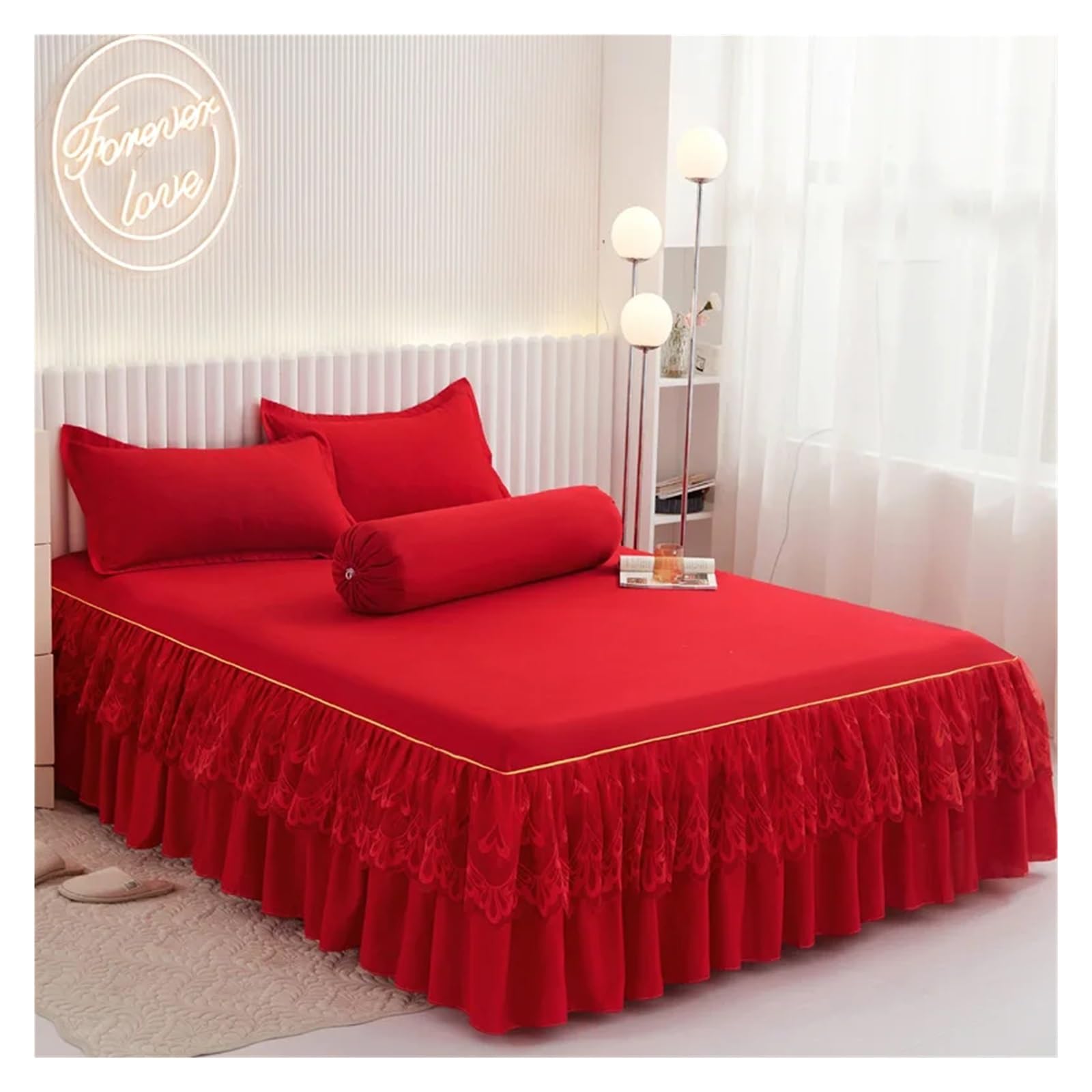 Ruffles Bed Skirt with Pillowcase Solid Mattress Cover Bedclothes Fitted Bed Sheet Single Double Size Home Textile(Red,180x200cm-3pc)