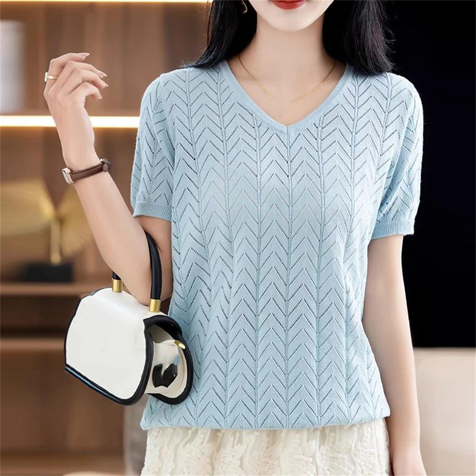 T-shirt uni à col en V et manches courtes pour femme - En coton - Coupe ample - Tendance - Pour l'été