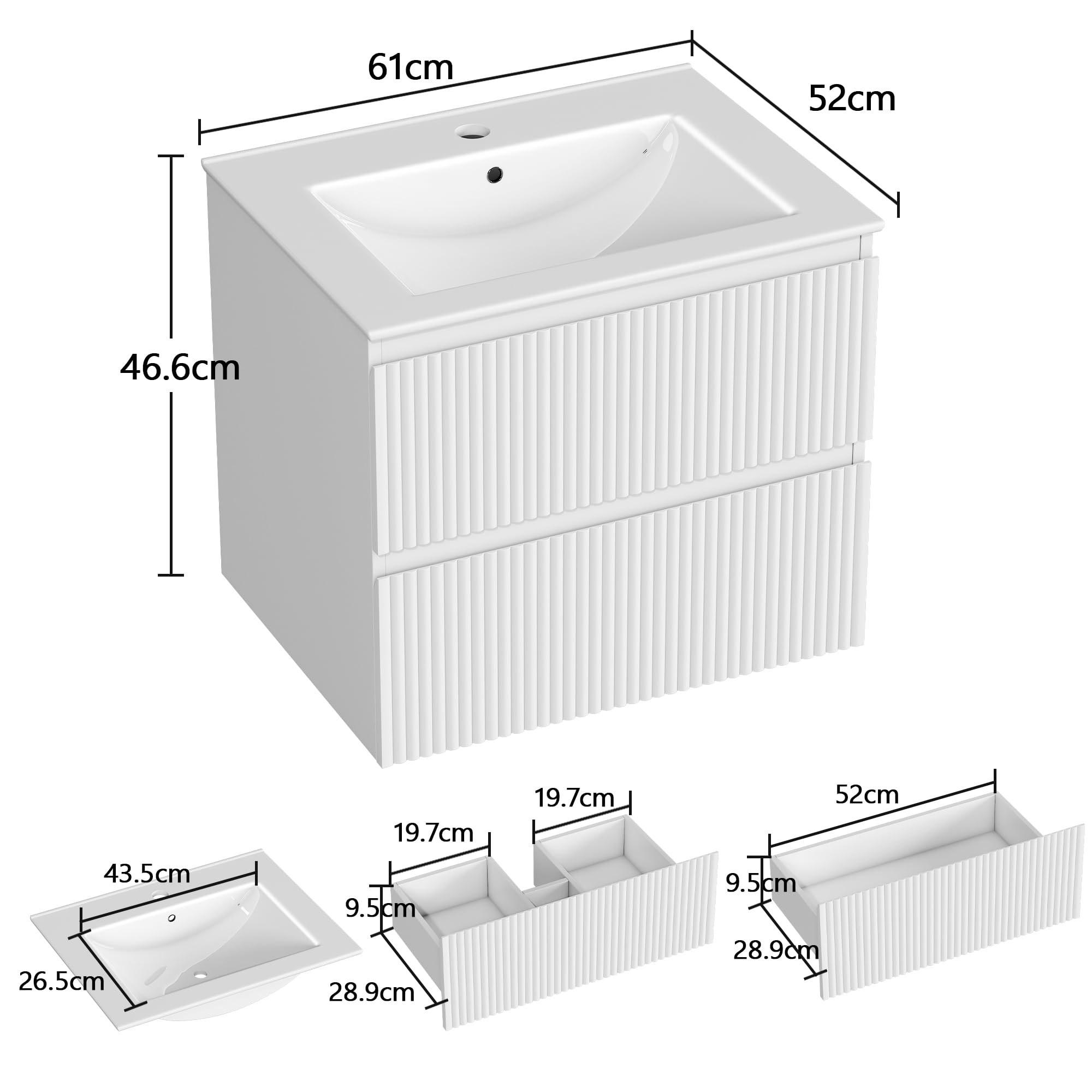 Mueble de Baño Suspendido 60 cm con Lavabo de Cerámica y 2 Cajones Profundos | Panel con Acabado Estriado Vertical, MDF E1 Antihúmedo, Blanco
