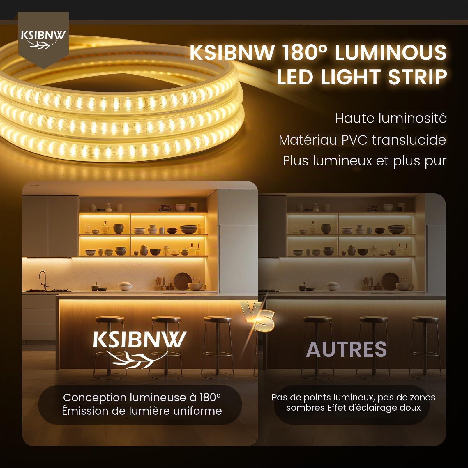 KSIBNW Ruban LED Exterieur Etanche 10M, Blanc Chaud Néon Bandeau LED 220V Etanche IP65 Bande Lumineuse Ultra Haute Luminosité 145LEDs/M pour Chambre Cuisine Intérieur Extérieur, inclus Adaptateur